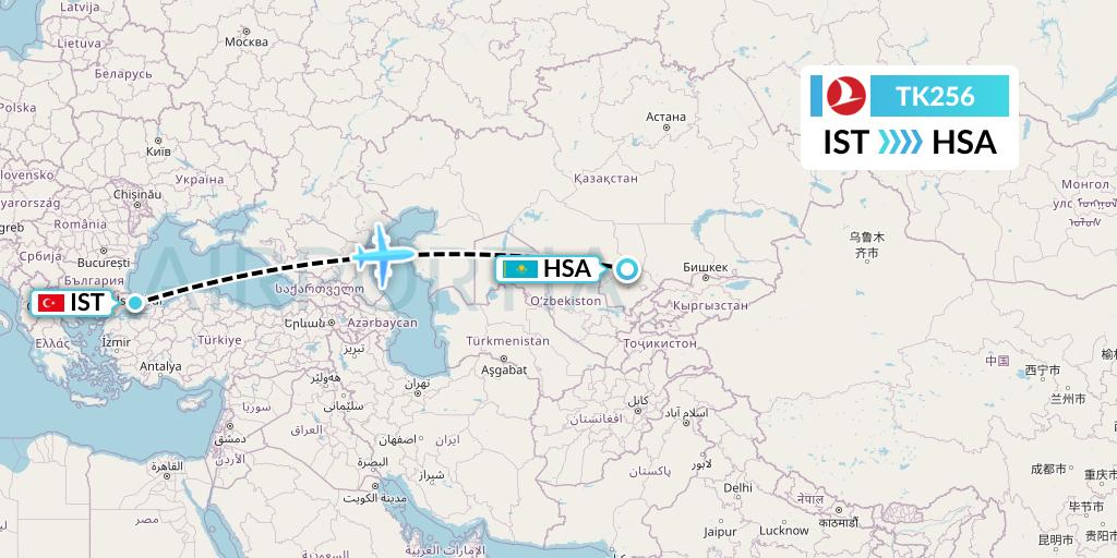 TK256 Turkish Airlines Flight Map: Istanbul to Shymkent