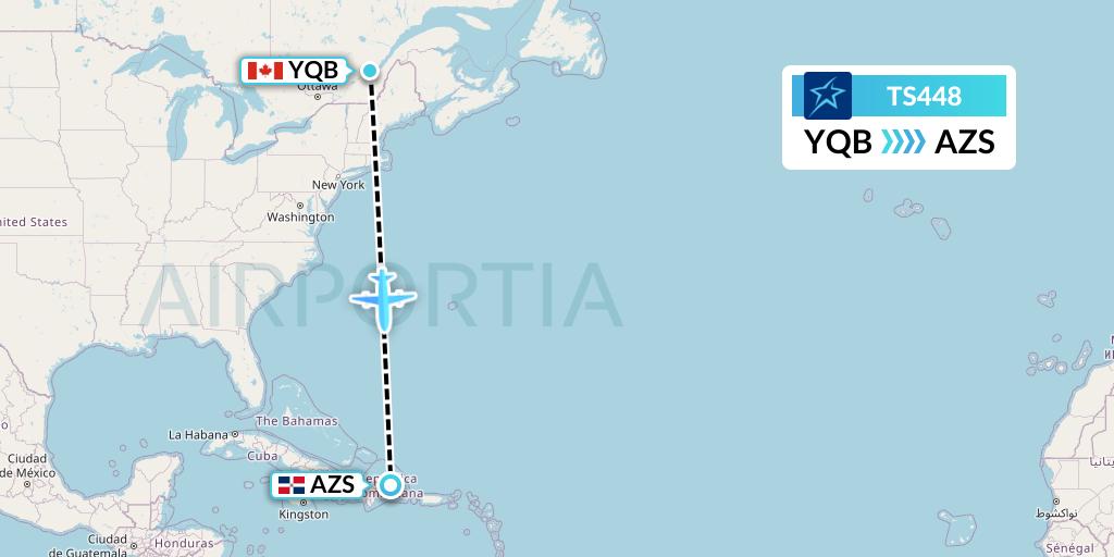 TS448 Air Transat Flight Map: Quebec to Samana