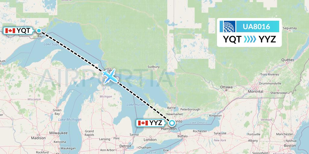 UA8016 United Airlines Flight Map: Thunder Bay to Toronto