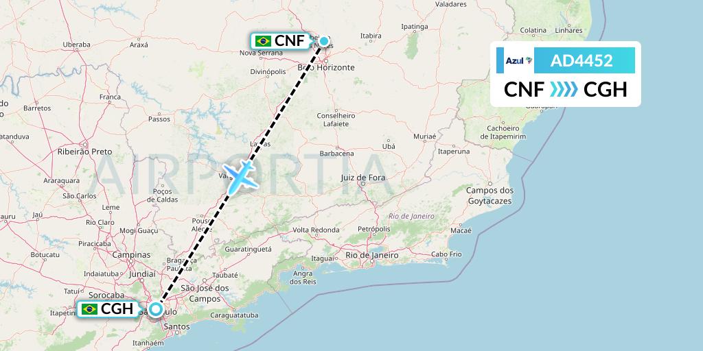 AD4452 Azul Brazilian Airlines Flight Map: Belo Horizonte to Sao Paulo