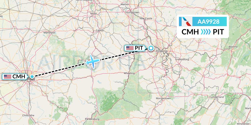 AA9928 American Airlines Flight Map: Columbus to Pittsburgh