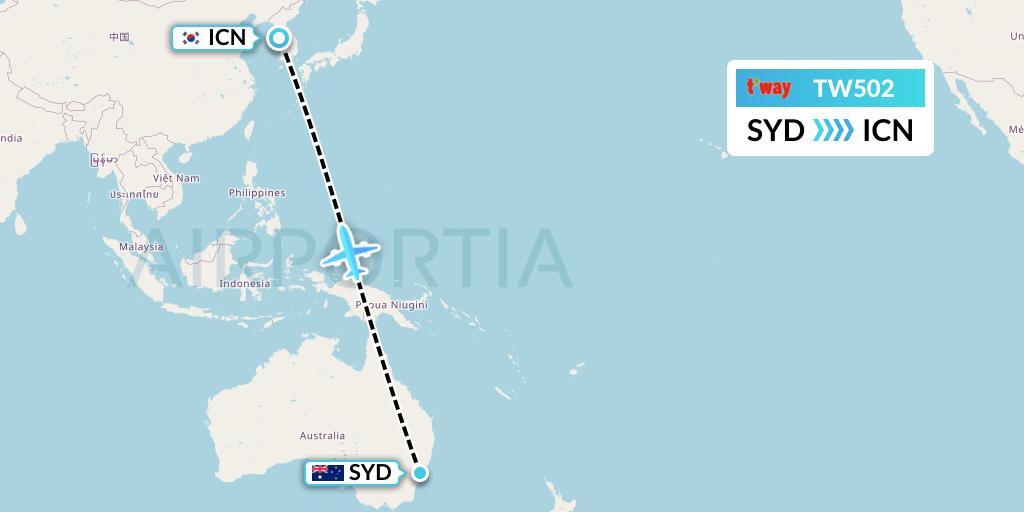 TW502 T'way Air Flight Map: Sydney to Seoul