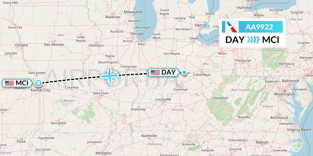 AA9922 American Airlines Flight Map: Dayton to Kansas City