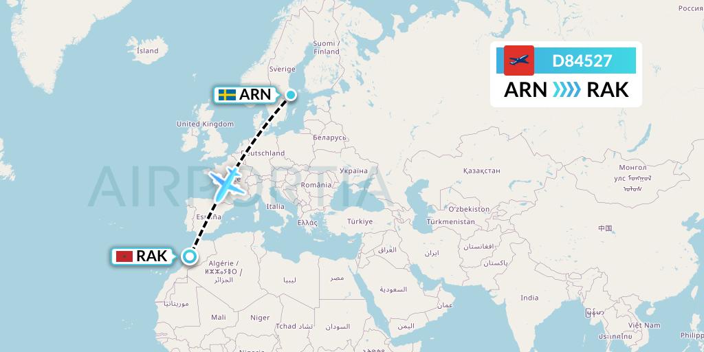 D84527 Norwegian Air International Flight Map: Stockholm to Marrakesh