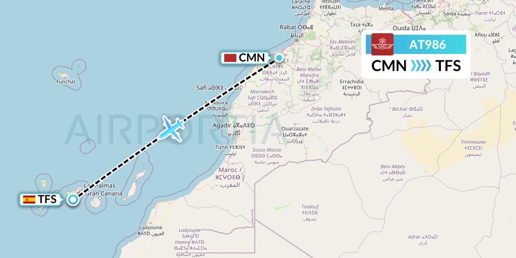 AT986 Royal Air Maroc Flight Map: Casablanca to Tenerife