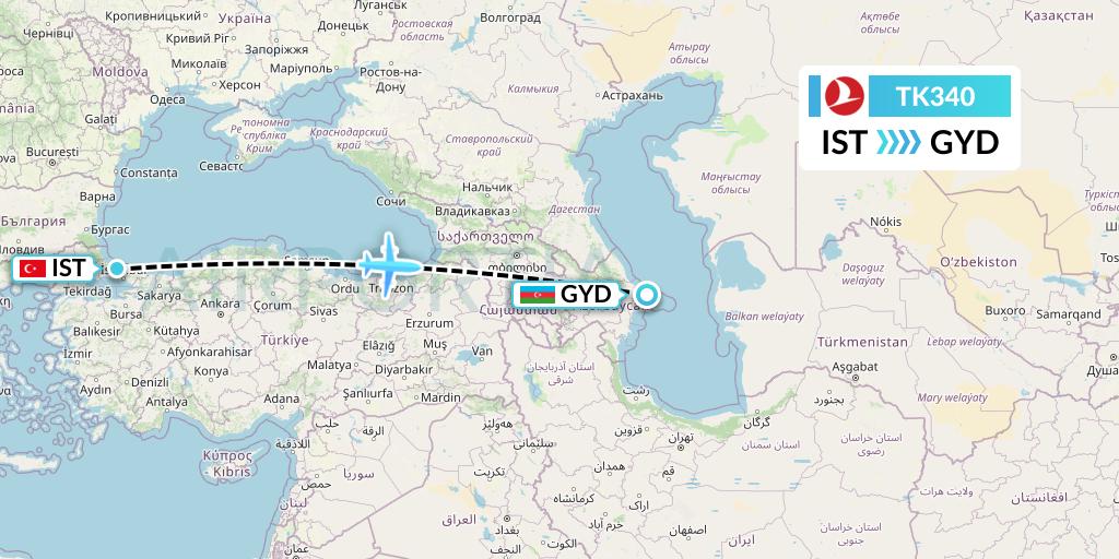 TK340 Turkish Airlines Flight Map: Istanbul to Baku
