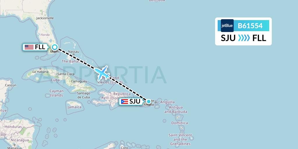 B61554 JetBlue Airways Flight Map: San Juan to Fort Lauderdale