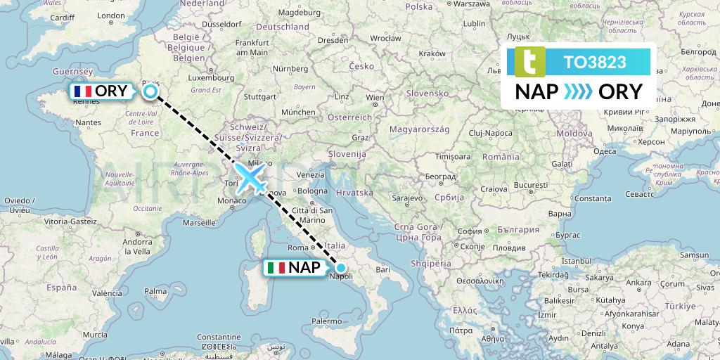 TO3823 Transavia France Flight Map: Naples to Paris