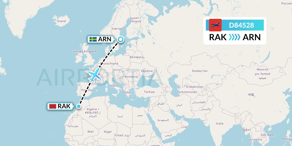 D84528 Norwegian Air International Flight Map: Marrakesh to Stockholm