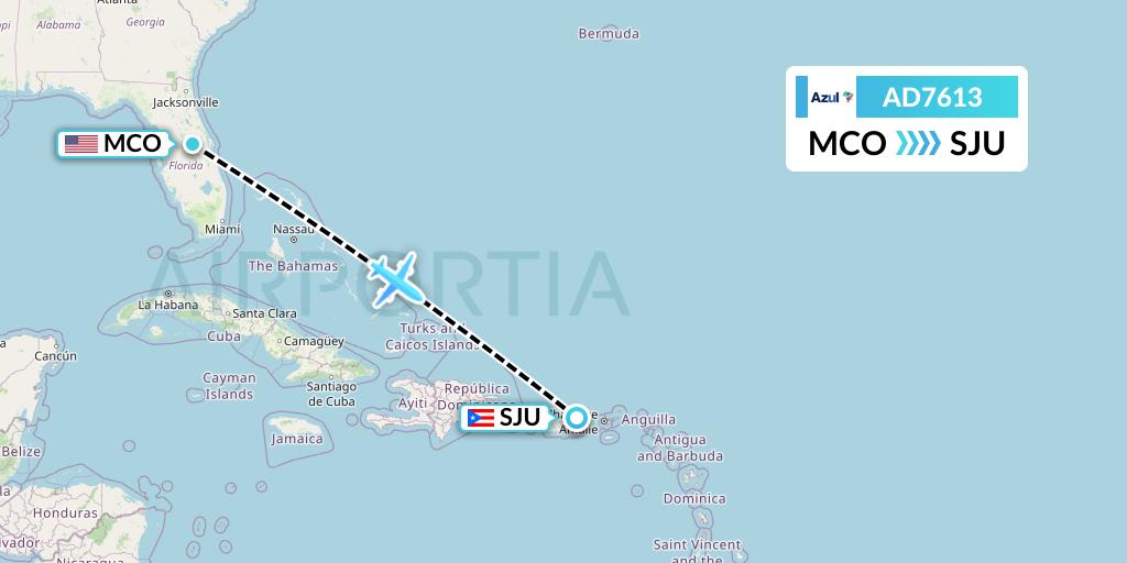AD7613 Azul Brazilian Airlines Flight Map: Orlando to San Juan