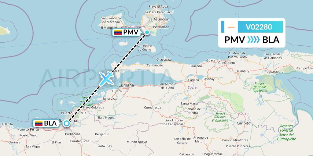 V02280 Conviasa Flight Map: Porlamar to Barcelona