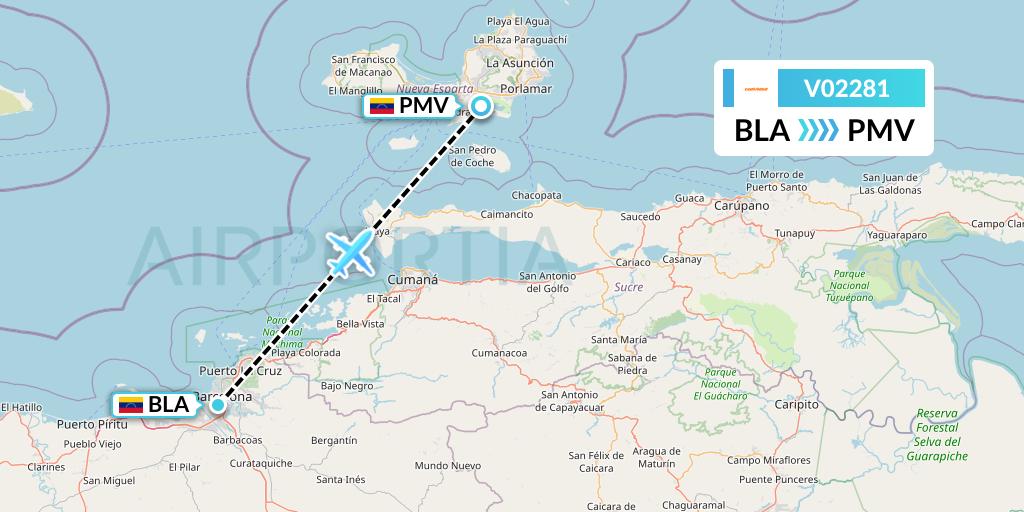 V02281 Conviasa Flight Map: Barcelona to Porlamar