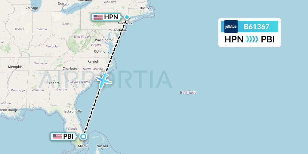 B61367 JetBlue Airways Flight Map: White Plains to West Palm Beach