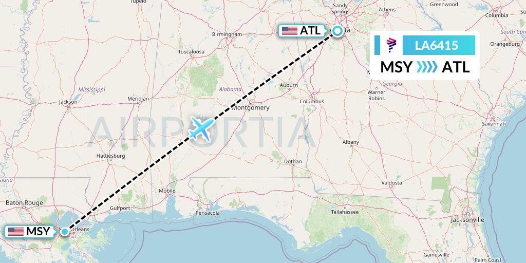 LA6415 LAN Airlines Flight Map: New Orleans to Atlanta