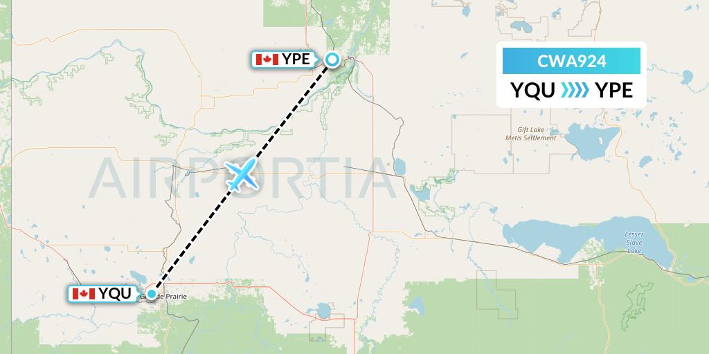 CWA924 Can West Corporate Air Charters Ltd. Flight Map: Grande Prairie to Peace River