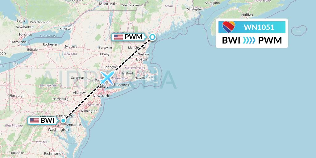 WN1051 Southwest Airlines Flight Map: Baltimore to Portland