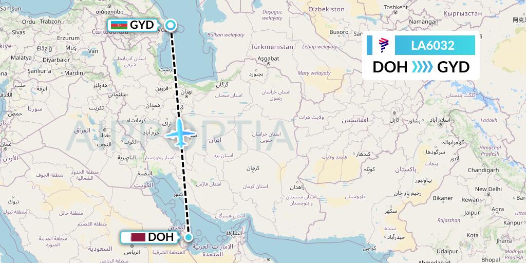 LA6032 LAN Airlines Flight Map: Doha to Baku