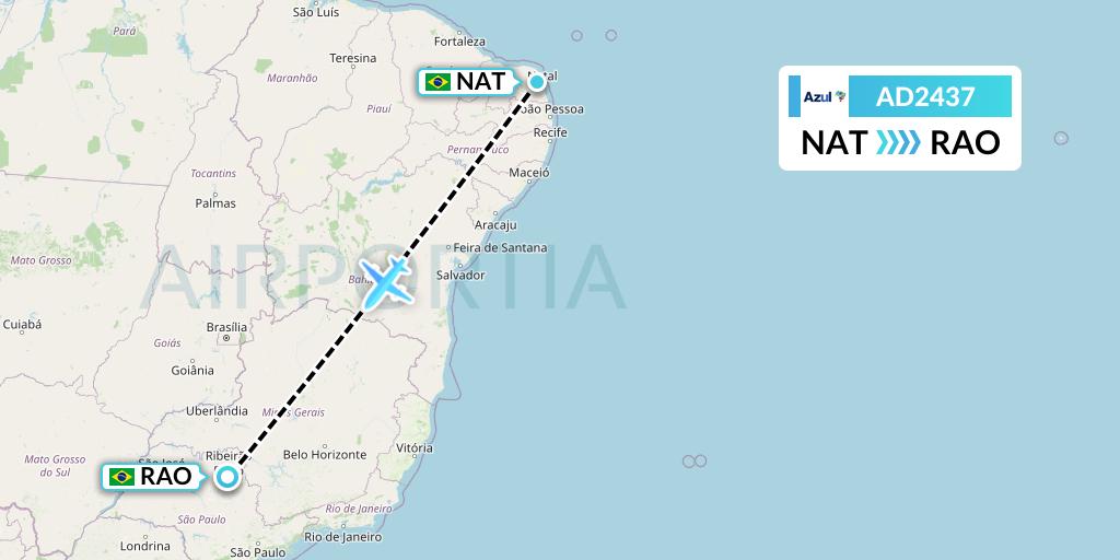 AD2437 Azul Brazilian Airlines Flight Map: Natal to Riberao Preto