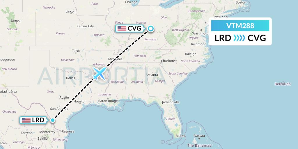 VTM288 Aeronaves TSM Flight Map: Laredo to Cincinnati