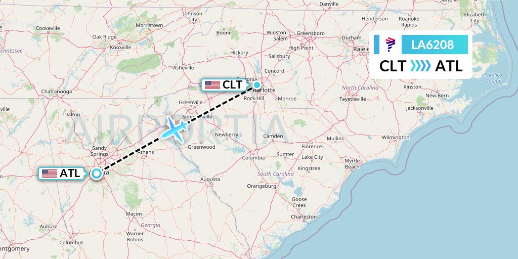 LA6208 LAN Airlines Flight Map: Charlotte to Atlanta