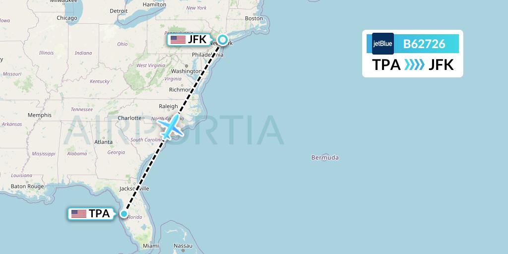 B62726 JetBlue Airways Flight Map: Tampa to New York