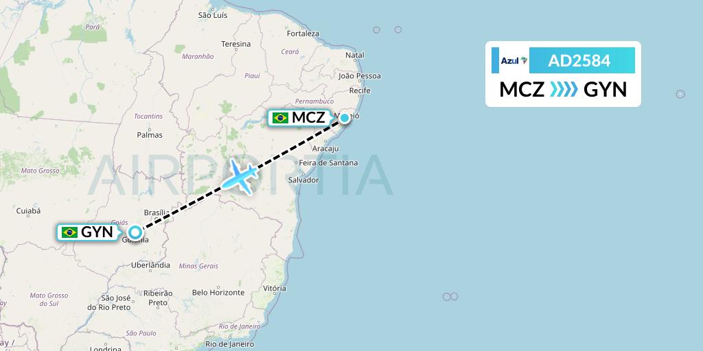 AD2584 Azul Brazilian Airlines Flight Map: Maceio to Goiania
