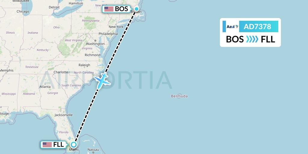 AD7378 Azul Brazilian Airlines Flight Map: Boston to Fort Lauderdale