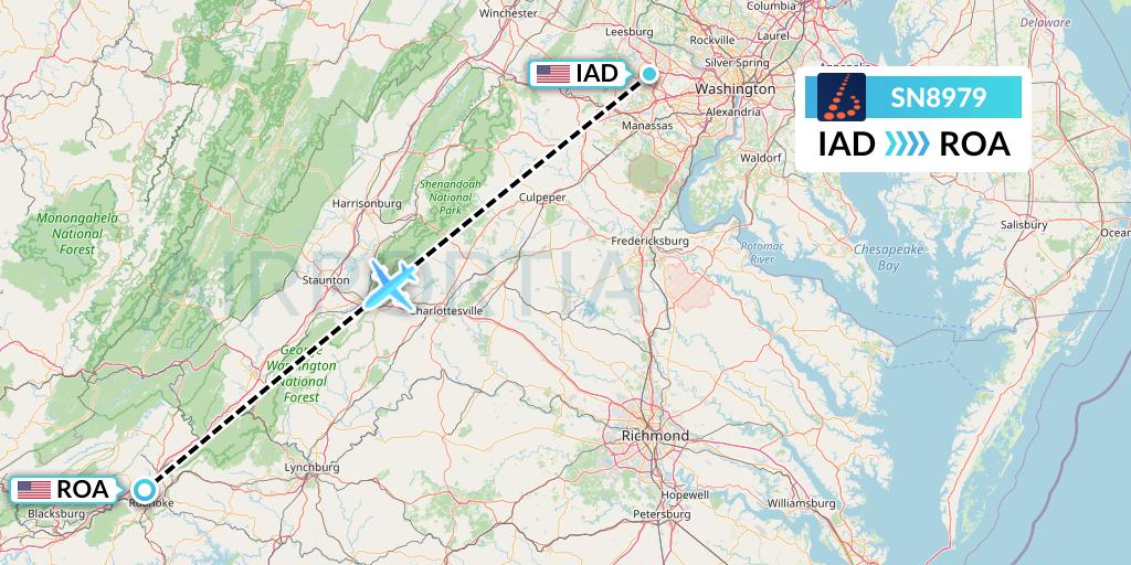 SN8979 Brussels Airlines Flight Map: Washington to Roanoke
