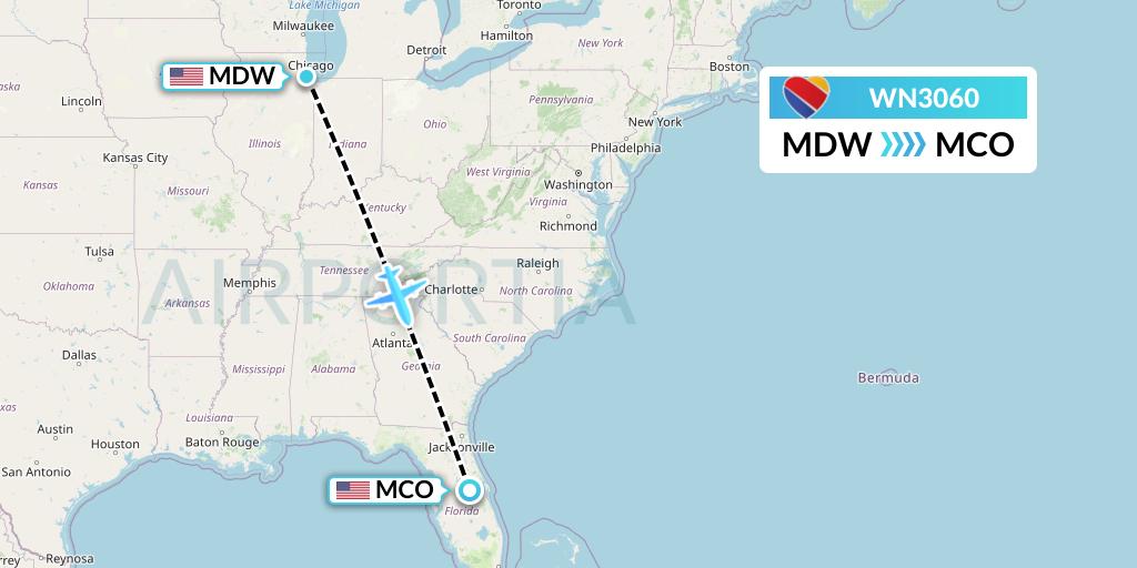 WN3060 Southwest Airlines Flight Map: Chicago to Orlando