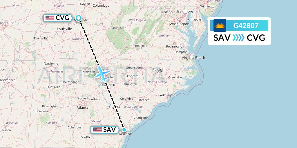 G42807 Allegiant Air Flight Map: Savannah to Cincinnati
