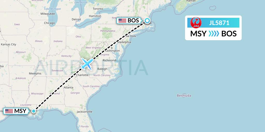 JL5871 Japan Airlines Flight Map: New Orleans to Boston