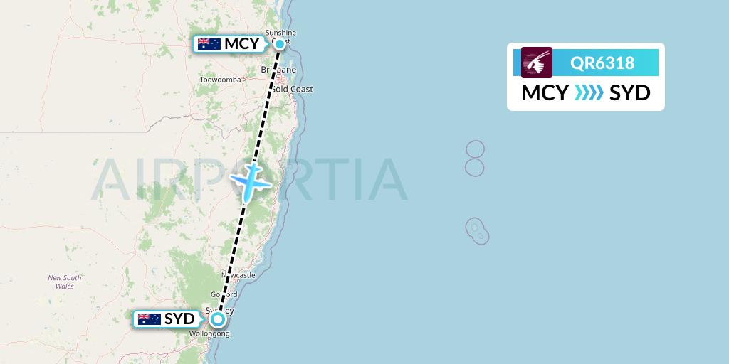 QR6318 Qatar Airways Flight Map: Sunshine Coast to Sydney