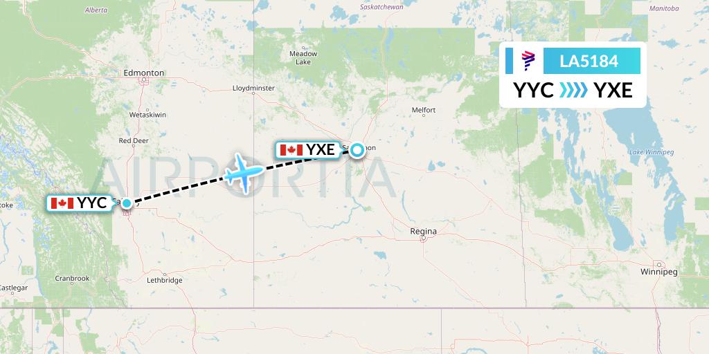 LA5184 LATAM Airlines Flight Map: Calgary to Saskatoon
