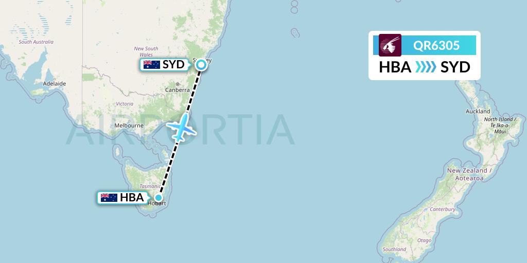 QR6305 Qatar Airways Flight Map: Hobart to Sydney