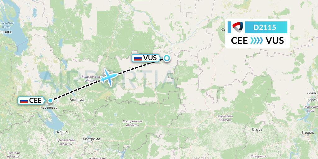 D2115 Severstal Aircompany Flight Map: Cherepovets to Velikiy Ustyug