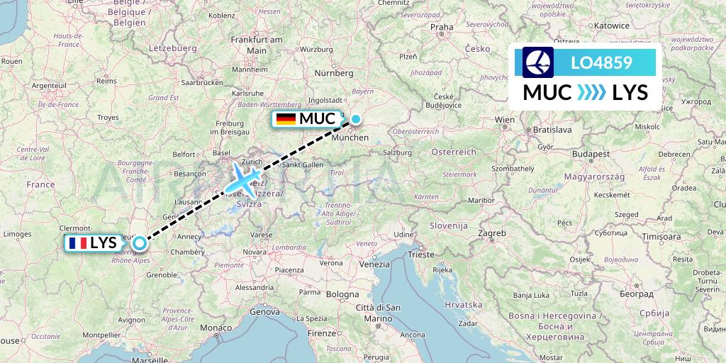 LO4859 LOT Flight Map: Munich to Lyon