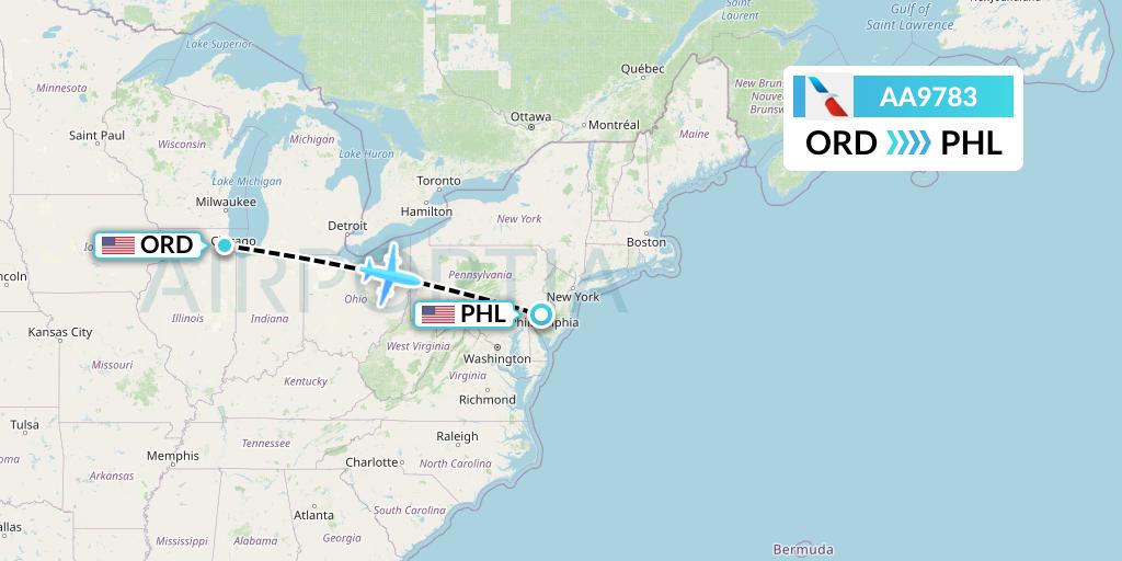 AA9783 American Airlines Flight Map: Chicago to Philadelphia