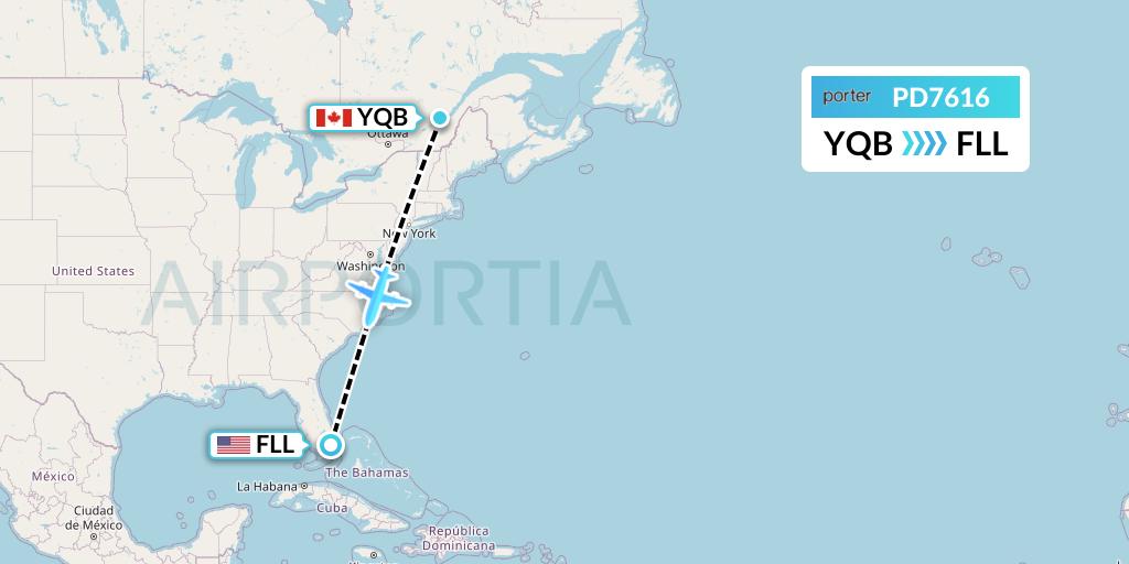 PD7616 Porter Airlines Flight Map: Quebec to Fort Lauderdale