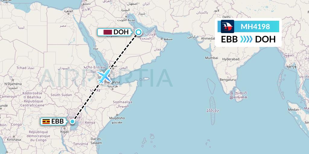 MH4198 Malaysia Airlines Flight Map: Entebbe to Doha