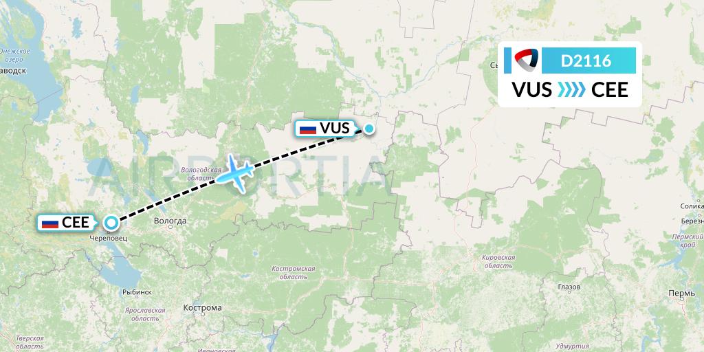 D2116 Severstal Aircompany Flight Map: Velikiy Ustyug to Cherepovets