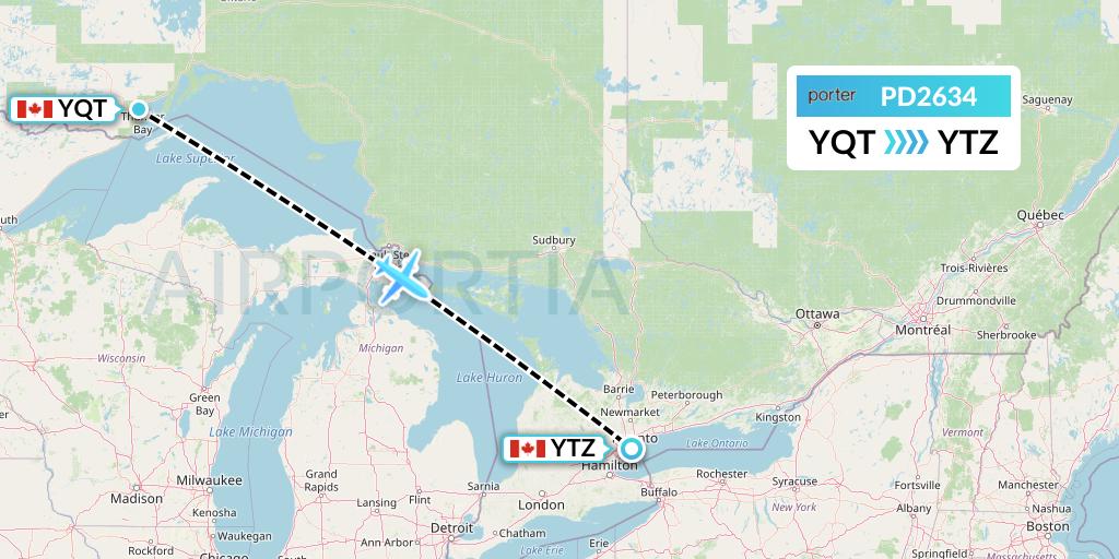 PD2634 Porter Airlines Flight Map: Thunder Bay to Toronto