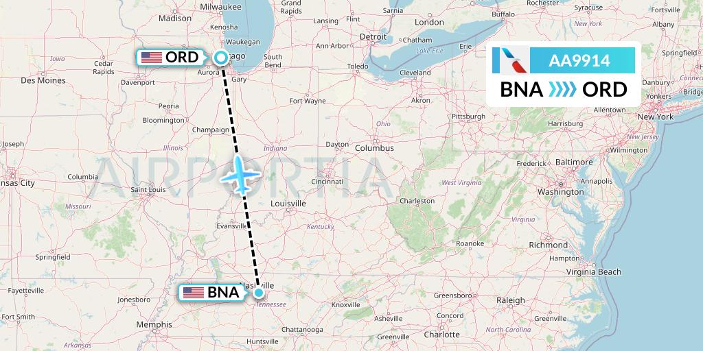 AA9914 American Airlines Flight Map: Nashville to Chicago