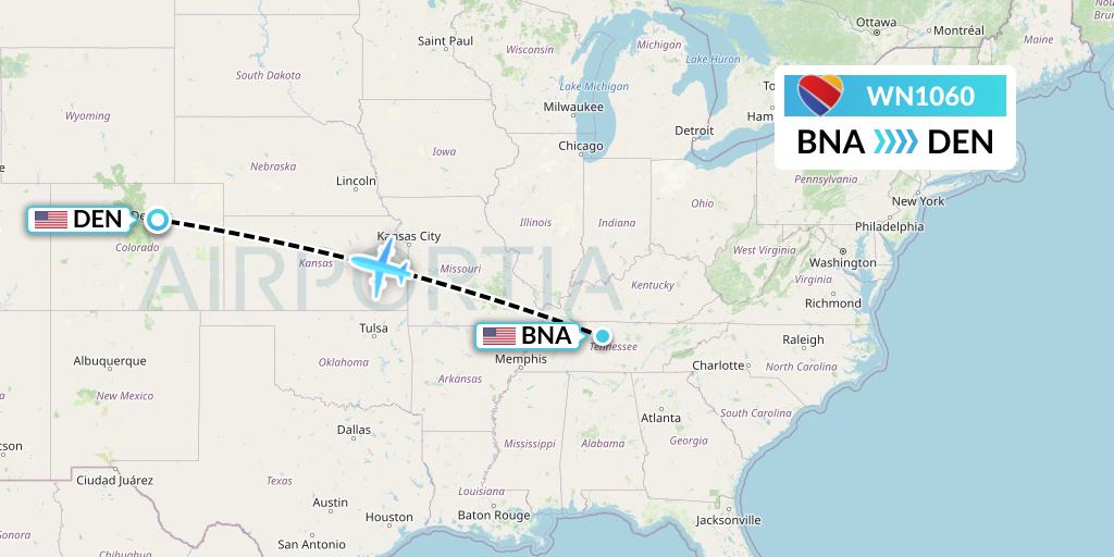 WN1060 Southwest Airlines Flight Map: Nashville to Denver