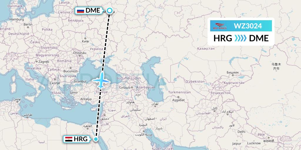 WZ3024 Red Wings Flight Map: Hurghada to Moscow