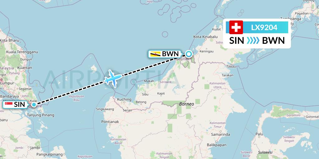 LX9204 Swiss Flight Map: Singapore to Brunei