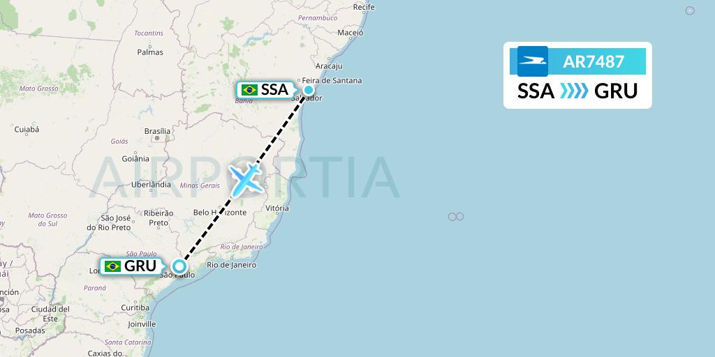 AR7487 Aerolineas Argentinas Flight Map: Salvador to Sao Paulo