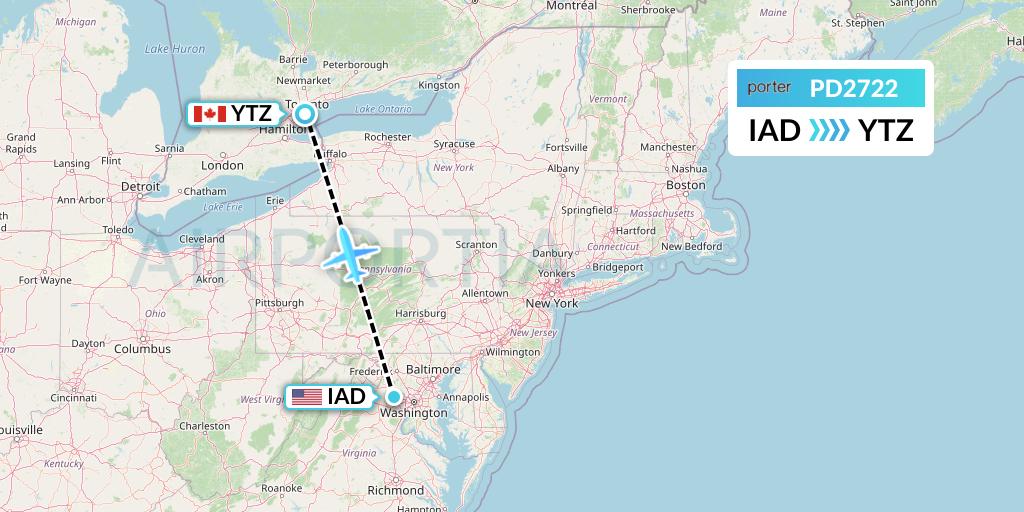 PD2722 Porter Airlines Flight Map: Washington to Toronto