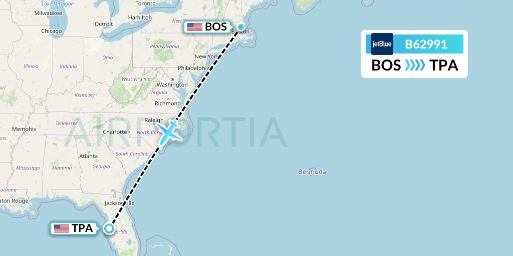 B62991 JetBlue Airways Flight Map: Boston to Tampa