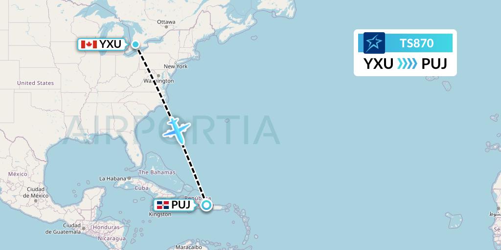 TS870 Air Transat Flight Map: London to Punta Cana