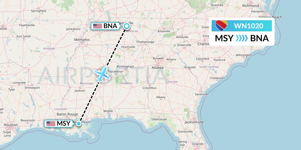 WN1020 Southwest Airlines Flight Map: New Orleans to Nashville